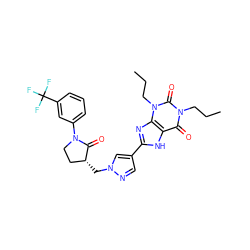 CCCn1c(=O)c2[nH]c(-c3cnn(C[C@@H]4CCN(c5cccc(C(F)(F)F)c5)C4=O)c3)nc2n(CCC)c1=O ZINC000088248025