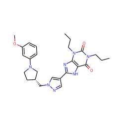 CCCn1c(=O)c2[nH]c(-c3cnn(C[C@@H]4CCN(c5cccc(OC)c5)C4)c3)nc2n(CCC)c1=O ZINC000149717393