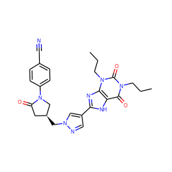 CCCn1c(=O)c2[nH]c(-c3cnn(C[C@H]4CC(=O)N(c5ccc(C#N)cc5)C4)c3)nc2n(CCC)c1=O ZINC000115141913