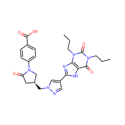 CCCn1c(=O)c2[nH]c(-c3cnn(C[C@H]4CC(=O)N(c5ccc(C(=O)O)cc5)C4)c3)nc2n(CCC)c1=O ZINC000115145565