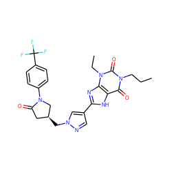 CCCn1c(=O)c2[nH]c(-c3cnn(C[C@H]4CC(=O)N(c5ccc(C(F)(F)F)cc5)C4)c3)nc2n(CC)c1=O ZINC000149247050