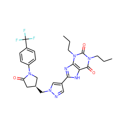 CCCn1c(=O)c2[nH]c(-c3cnn(C[C@H]4CC(=O)N(c5ccc(C(F)(F)F)cc5)C4)c3)nc2n(CCC)c1=O ZINC000115152520