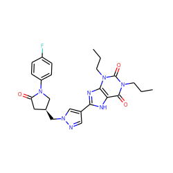 CCCn1c(=O)c2[nH]c(-c3cnn(C[C@H]4CC(=O)N(c5ccc(F)cc5)C4)c3)nc2n(CCC)c1=O ZINC000115146608