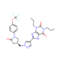 CCCn1c(=O)c2[nH]c(-c3cnn(C[C@H]4CC(=O)N(c5ccc(OC(F)(F)F)cc5)C4)c3)nc2n(CCC)c1=O ZINC000115148549