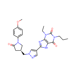 CCCn1c(=O)c2[nH]c(-c3cnn(C[C@H]4CC(=O)N(c5ccc(OC)cc5)C4)c3)nc2n(CC)c1=O ZINC000115140095