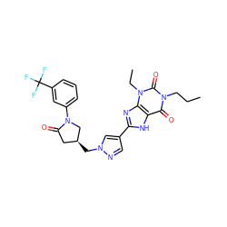 CCCn1c(=O)c2[nH]c(-c3cnn(C[C@H]4CC(=O)N(c5cccc(C(F)(F)F)c5)C4)c3)nc2n(CC)c1=O ZINC000148709491