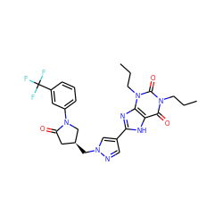 CCCn1c(=O)c2[nH]c(-c3cnn(C[C@H]4CC(=O)N(c5cccc(C(F)(F)F)c5)C4)c3)nc2n(CCC)c1=O ZINC000115150337