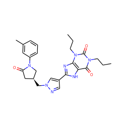 CCCn1c(=O)c2[nH]c(-c3cnn(C[C@H]4CC(=O)N(c5cccc(C)c5)C4)c3)nc2n(CCC)c1=O ZINC000148882024