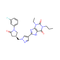 CCCn1c(=O)c2[nH]c(-c3cnn(C[C@H]4CC(=O)N(c5cccc(F)c5)C4)c3)nc2n(CC)c1=O ZINC000115151582