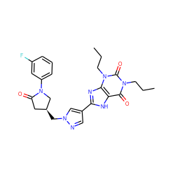 CCCn1c(=O)c2[nH]c(-c3cnn(C[C@H]4CC(=O)N(c5cccc(F)c5)C4)c3)nc2n(CCC)c1=O ZINC000115152533