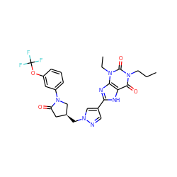 CCCn1c(=O)c2[nH]c(-c3cnn(C[C@H]4CC(=O)N(c5cccc(OC(F)(F)F)c5)C4)c3)nc2n(CC)c1=O ZINC000115151249