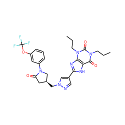 CCCn1c(=O)c2[nH]c(-c3cnn(C[C@H]4CC(=O)N(c5cccc(OC(F)(F)F)c5)C4)c3)nc2n(CCC)c1=O ZINC000115153104