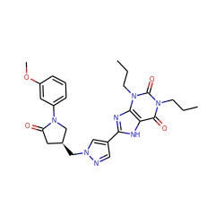 CCCn1c(=O)c2[nH]c(-c3cnn(C[C@H]4CC(=O)N(c5cccc(OC)c5)C4)c3)nc2n(CCC)c1=O ZINC000115148545