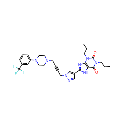 CCCn1c(=O)c2[nH]c(-c3cnn(CC#CCN4CCN(c5cccc(C(F)(F)F)c5)CC4)c3)nc2n(CCC)c1=O ZINC000115146176