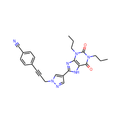 CCCn1c(=O)c2[nH]c(-c3cnn(CC#Cc4ccc(C#N)cc4)c3)nc2n(CCC)c1=O ZINC000144880087