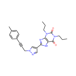 CCCn1c(=O)c2[nH]c(-c3cnn(CC#Cc4ccc(C)cc4)c3)nc2n(CCC)c1=O ZINC000115146427