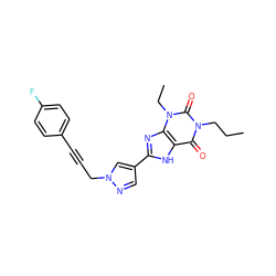 CCCn1c(=O)c2[nH]c(-c3cnn(CC#Cc4ccc(F)cc4)c3)nc2n(CC)c1=O ZINC000144873953