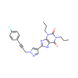 CCCn1c(=O)c2[nH]c(-c3cnn(CC#Cc4ccc(F)cc4)c3)nc2n(CCC)c1=O ZINC000115149504