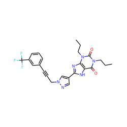 CCCn1c(=O)c2[nH]c(-c3cnn(CC#Cc4cccc(C(F)(F)F)c4)c3)nc2n(CCC)c1=O ZINC000088247871