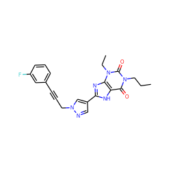 CCCn1c(=O)c2[nH]c(-c3cnn(CC#Cc4cccc(F)c4)c3)nc2n(CC)c1=O ZINC000115154877