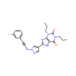 CCCn1c(=O)c2[nH]c(-c3cnn(CC#Cc4cccc(F)c4)c3)nc2n(CCC)c1=O ZINC000115138965