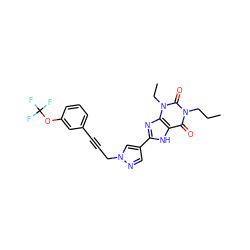 CCCn1c(=O)c2[nH]c(-c3cnn(CC#Cc4cccc(OC(F)(F)F)c4)c3)nc2n(CC)c1=O ZINC000115153168