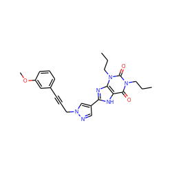 CCCn1c(=O)c2[nH]c(-c3cnn(CC#Cc4cccc(OC)c4)c3)nc2n(CCC)c1=O ZINC000144855454