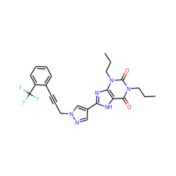 CCCn1c(=O)c2[nH]c(-c3cnn(CC#Cc4ccccc4C(F)(F)F)c3)nc2n(CCC)c1=O ZINC000115154218