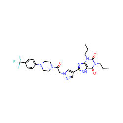 CCCn1c(=O)c2[nH]c(-c3cnn(CC(=O)N4CCN(c5ccc(C(F)(F)F)cc5)CC4)c3)nc2n(CCC)c1=O ZINC000115142156