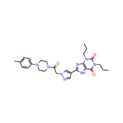 CCCn1c(=O)c2[nH]c(-c3cnn(CC(=O)N4CCN(c5ccc(C)cc5)CC4)c3)nc2n(CCC)c1=O ZINC000115150777