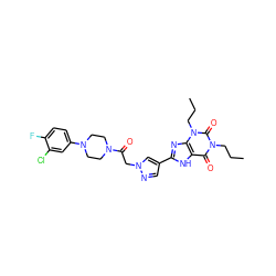 CCCn1c(=O)c2[nH]c(-c3cnn(CC(=O)N4CCN(c5ccc(F)c(Cl)c5)CC4)c3)nc2n(CCC)c1=O ZINC000115149995