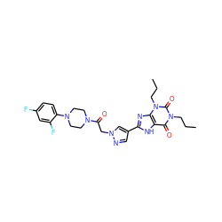 CCCn1c(=O)c2[nH]c(-c3cnn(CC(=O)N4CCN(c5ccc(F)cc5F)CC4)c3)nc2n(CCC)c1=O ZINC000115147808