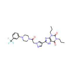 CCCn1c(=O)c2[nH]c(-c3cnn(CC(=O)N4CCN(c5cccc(C(F)(F)F)c5)CC4)c3)nc2n(CCC)c1=O ZINC000088248000