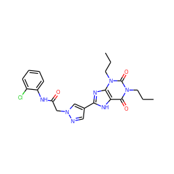 CCCn1c(=O)c2[nH]c(-c3cnn(CC(=O)Nc4ccccc4Cl)c3)nc2n(CCC)c1=O ZINC000028564212