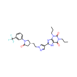 CCCn1c(=O)c2[nH]c(-c3cnn(CC[C@@H]4CC(=O)N(c5cccc(C(F)(F)F)c5)C4)c3)nc2n(CCC)c1=O ZINC000088247962