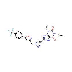 CCCn1c(=O)c2[nH]c(-c3cnn(Cc4cc(-c5ccc(C(F)(F)F)cc5)on4)c3)nc2n(CC)c1=O ZINC000029056397