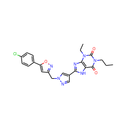 CCCn1c(=O)c2[nH]c(-c3cnn(Cc4cc(-c5ccc(Cl)cc5)on4)c3)nc2n(CC)c1=O ZINC000029056402