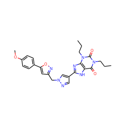 CCCn1c(=O)c2[nH]c(-c3cnn(Cc4cc(-c5ccc(OC)cc5)on4)c3)nc2n(CCC)c1=O ZINC000028563217