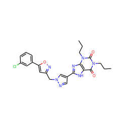 CCCn1c(=O)c2[nH]c(-c3cnn(Cc4cc(-c5cccc(Cl)c5)on4)c3)nc2n(CCC)c1=O ZINC000028563237