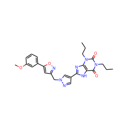 CCCn1c(=O)c2[nH]c(-c3cnn(Cc4cc(-c5cccc(OC)c5)on4)c3)nc2n(CCC)c1=O ZINC000028563256