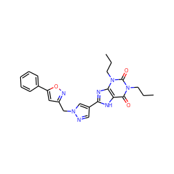 CCCn1c(=O)c2[nH]c(-c3cnn(Cc4cc(-c5ccccc5)on4)c3)nc2n(CCC)c1=O ZINC000028564226