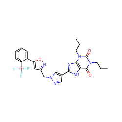 CCCn1c(=O)c2[nH]c(-c3cnn(Cc4cc(-c5ccccc5C(F)(F)F)on4)c3)nc2n(CCC)c1=O ZINC000028563527