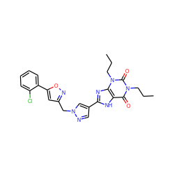 CCCn1c(=O)c2[nH]c(-c3cnn(Cc4cc(-c5ccccc5Cl)on4)c3)nc2n(CCC)c1=O ZINC000028563696