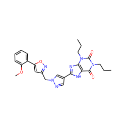 CCCn1c(=O)c2[nH]c(-c3cnn(Cc4cc(-c5ccccc5OC)on4)c3)nc2n(CCC)c1=O ZINC000028563229