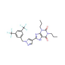 CCCn1c(=O)c2[nH]c(-c3cnn(Cc4cc(C(F)(F)F)cc(C(F)(F)F)c4)c3)nc2n(CCC)c1=O ZINC000036190446