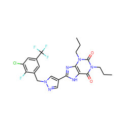 CCCn1c(=O)c2[nH]c(-c3cnn(Cc4cc(C(F)(F)F)cc(Cl)c4F)c3)nc2n(CCC)c1=O ZINC000034638285