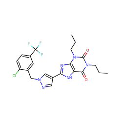 CCCn1c(=O)c2[nH]c(-c3cnn(Cc4cc(C(F)(F)F)ccc4Cl)c3)nc2n(CCC)c1=O ZINC000034001287