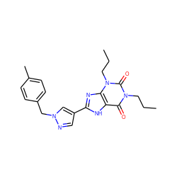 CCCn1c(=O)c2[nH]c(-c3cnn(Cc4ccc(C)cc4)c3)nc2n(CCC)c1=O ZINC000035901389