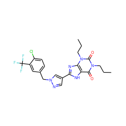 CCCn1c(=O)c2[nH]c(-c3cnn(Cc4ccc(Cl)c(C(F)(F)F)c4)c3)nc2n(CCC)c1=O ZINC000035835407