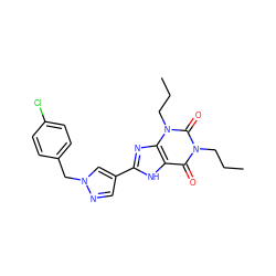 CCCn1c(=O)c2[nH]c(-c3cnn(Cc4ccc(Cl)cc4)c3)nc2n(CCC)c1=O ZINC000035861146